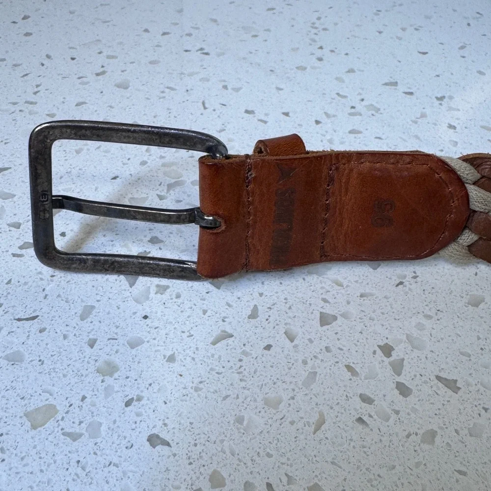 Pikolinos Brown Leather Beige Woven Braided Belt Size 95 Casual Boho Adjustable